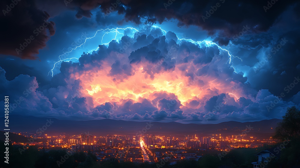 Fototapeta premium Night city thunderstorm lightning storm cloudscape