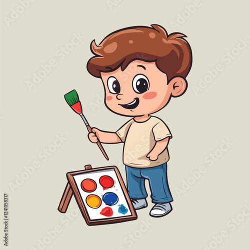 A cute boy paint in artboard smiling face vector illustration 