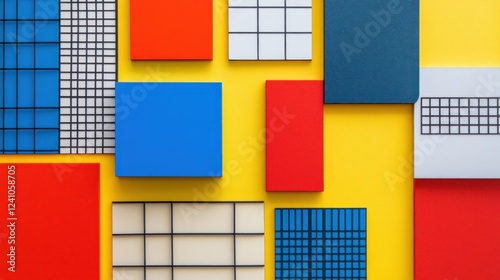 Bold primary color geometric shapes in a retro-inspired grid arrangement on a yellow background