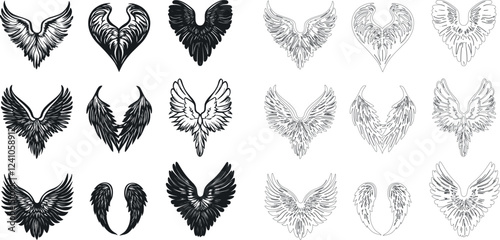 Set of Intricate line art Angel Wings Tattoo Designs in Black and White