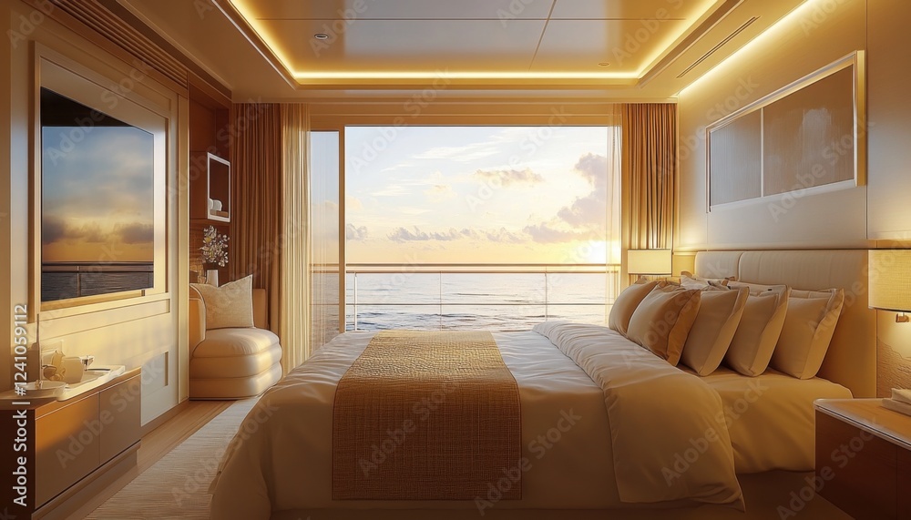 Fototapeta premium Luxurious bedroom with warm lighting and ocean view, perfect for relaxation and tranquility at sunset.