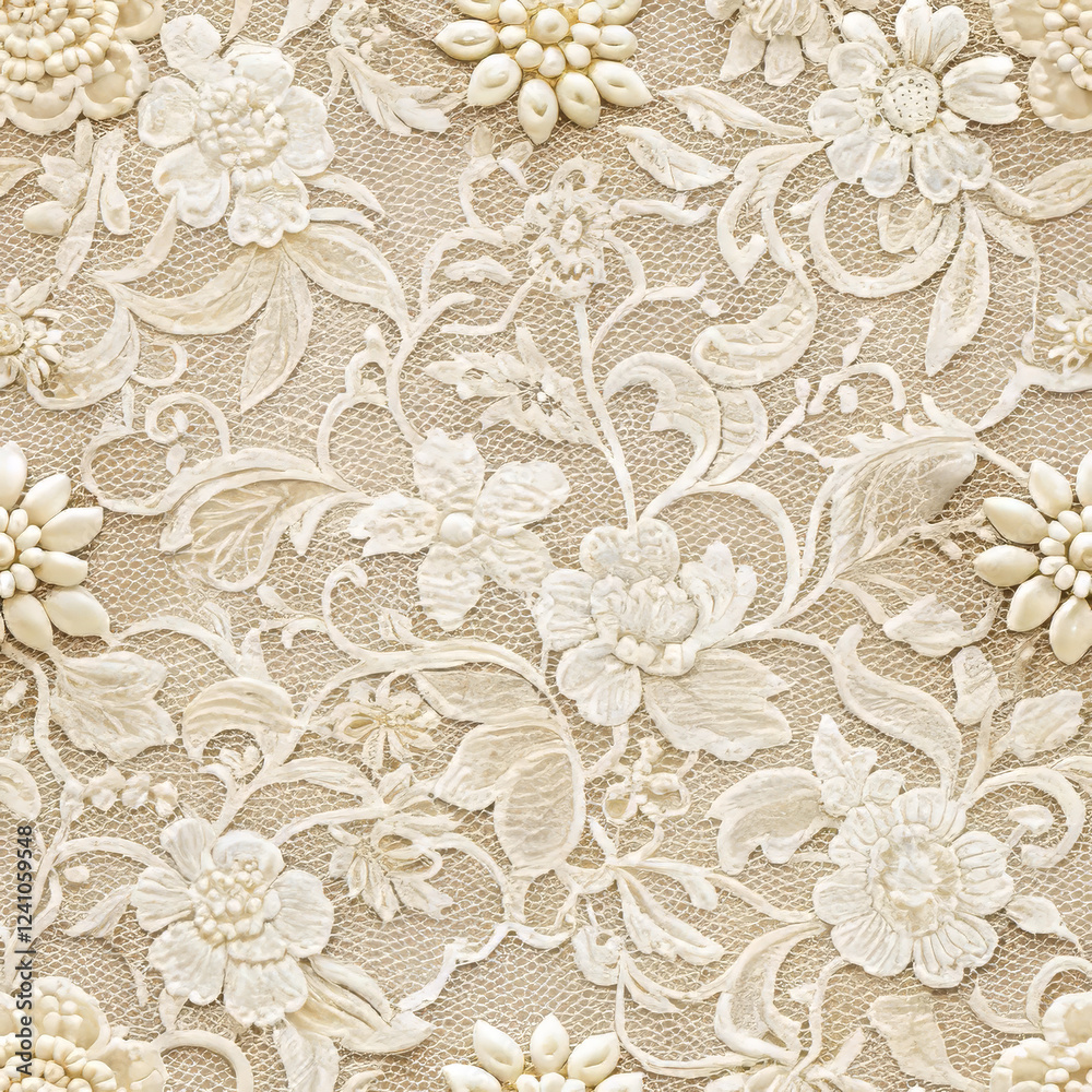 Fototapeta premium Elegant seamless floral lace fabric texture in neutral tones