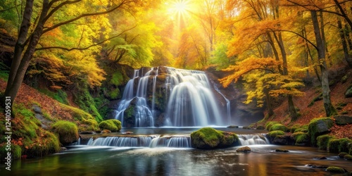 autumn waterfall cascading through vibrant green foliage, golden light filtering through the trees creating a warm and cozy atmosphere , waterfall, landscape