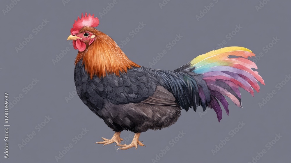 Fototapeta premium Watercolor of Colorful Rooster with Vibrant Rainbow Feathers on Solid Background