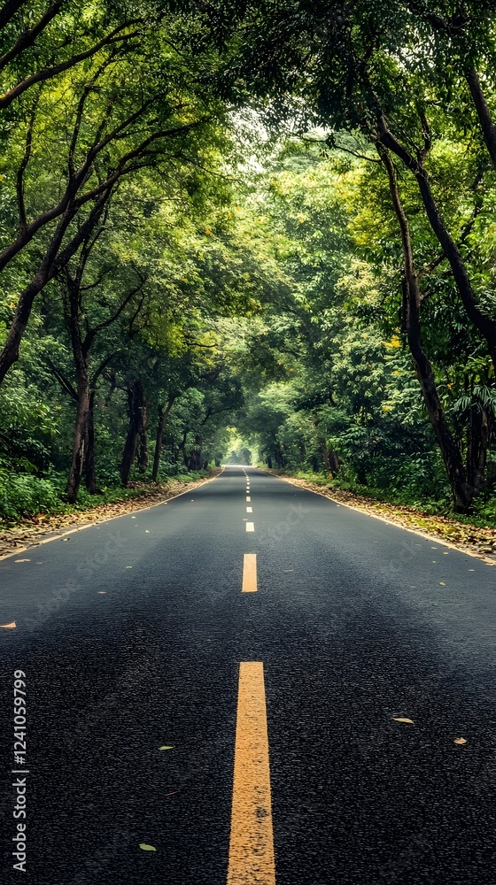 Obraz premium A straight road flanked by tall trees, leading to the horizon in bright daylight 