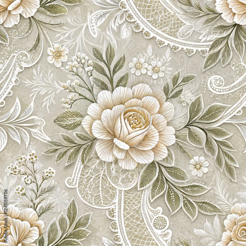 Elegant seamless floral lace fabric texture in neutral tones