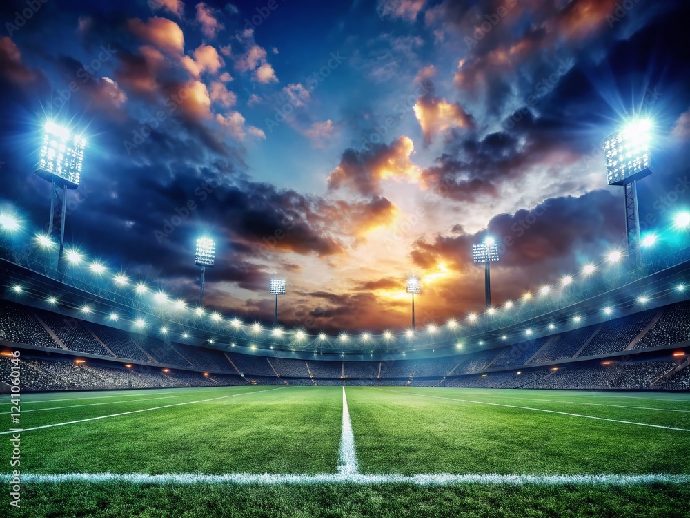 Fototapeta premium Dramatic Cloudy Sky Stadium Lights Bokeh Night Sports Field