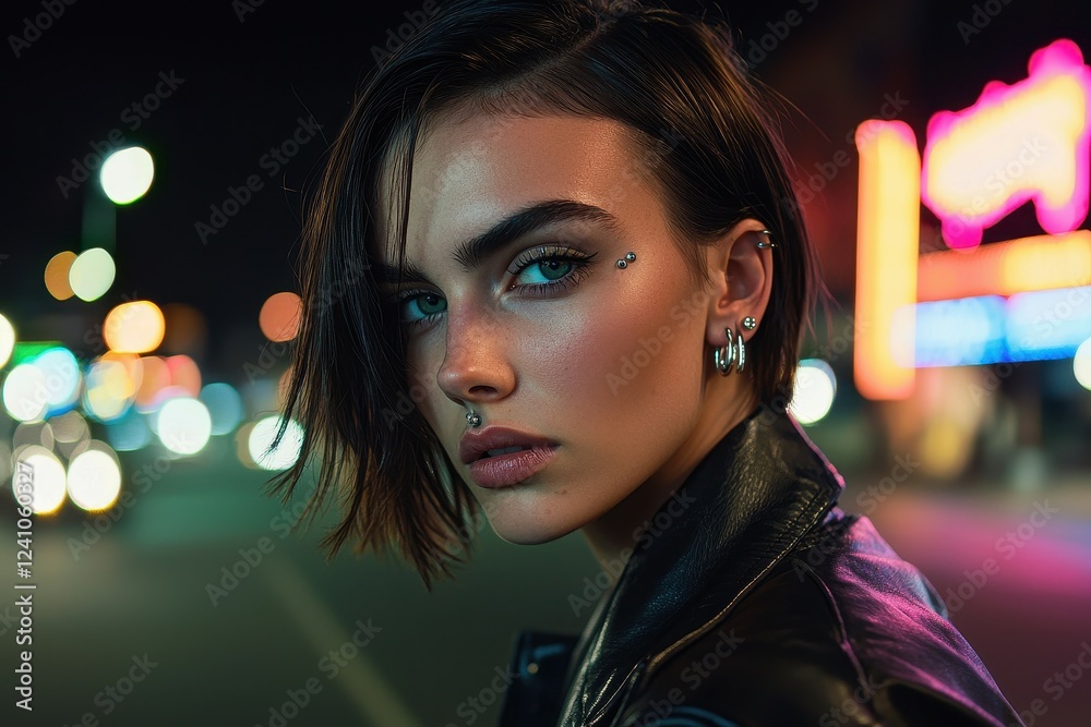 Edgy Woman with Multiple Ear Piercings A young woman with a sharp bob haircut and striking green eyes, featuring multiple ear piercings Edgy Woman with Multiple Ear Piercings A young woman with a sharp bob haircut and striking green eyes, featuring multiple ear piercings