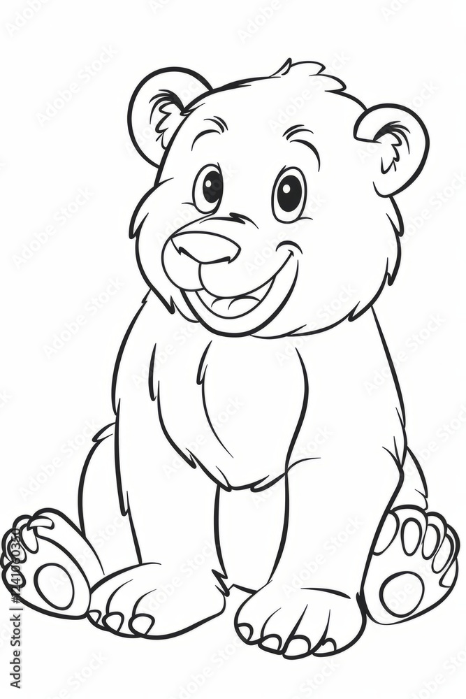 Fototapeta premium Adorable baby bear cub sitting and smiling in a hand-drawn, line art illustration, perfect for children's books or any project needing a touch of sweetness