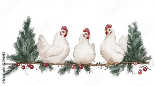 Watercolor of Charming Illustration of Three White Chickens with Holiday Decor