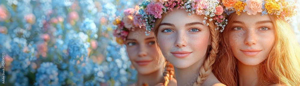 Obraz premium Three young women adorned with floral crowns smile against a backdrop of vibrant flowers, radiating joy and beauty.