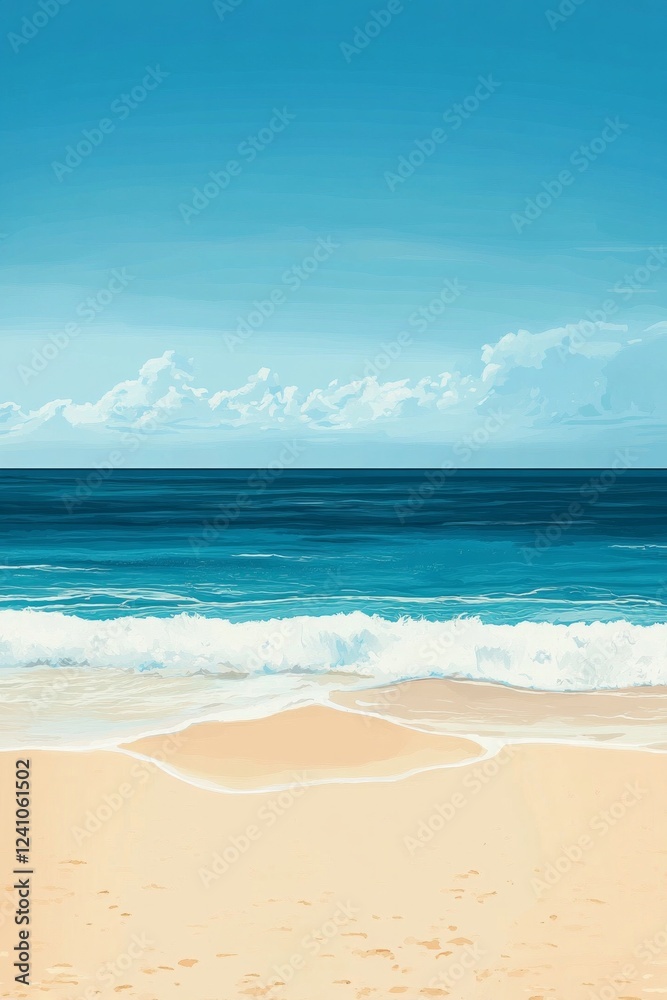 Serene beachfront with gentle waves and clear blue sky horizon Serene beachfront with gentle waves and clear blue sky horizon
