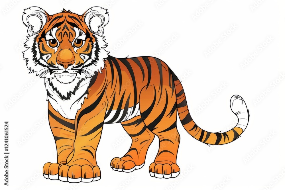 Obraz premium Cute baby tiger cub sitting and looking forward in a simple, stylized outline drawing, perfect for children's books or coloring pages