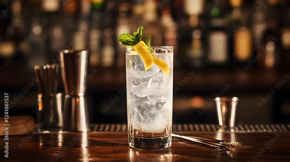 A refreshing gin and tonic with tonic water, served in a tall glass, garnished with a twist of orange peel, placed on a glass bar table with cocktail tools and ingredients around it. A refreshing gin and tonic with tonic water, served in a tall glass, garnished with a twist of orange peel, placed on a glass bar table with cocktail tools and ingredients around it.