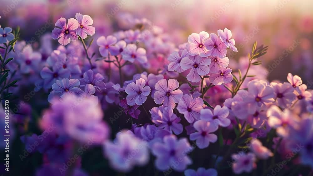 Pink Flower Field at Sunset: A breathtaking close-up of delicate pink phlox flowers bathed in the warm glow of the setting sun. Soft petals dance in the golden light. Pink Flower Field at Sunset: A breathtaking close-up of delicate pink phlox flowers bathed in the warm glow of the setting sun. Soft petals dance in the golden light.