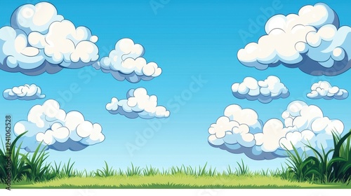 A vibrant, cartoon-style landscape featuring fluffy white clouds against a bright blue sky, with lush green grass at the bottom.