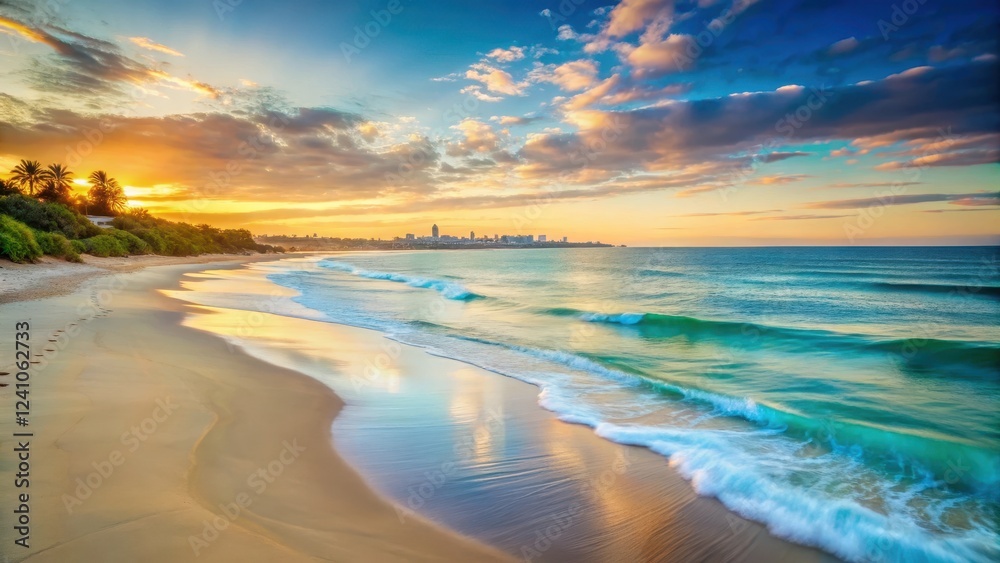 Fototapeta premium Serene beachscape with calm turquoise water and soft white sand at sunrise over Melbourne's iconic coastline, turquoise ocean, soft focus
