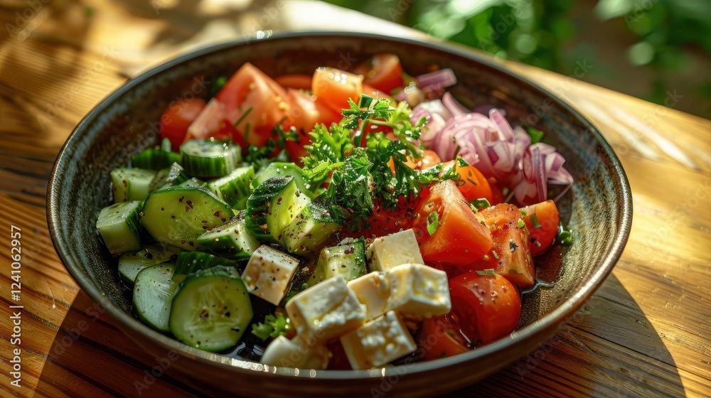 A vibrant salad composed of diced tomatoes, cucumbers, red onions, and cubes of cheese is beautifully arranged in a bowl. Fresh herbs add a touch of green, all displayed on a sunlit wooden table A vibrant salad composed of diced tomatoes, cucumbers, red onions, and cubes of cheese is beautifully arranged in a bowl. Fresh herbs add a touch of green, all displayed on a sunlit wooden table