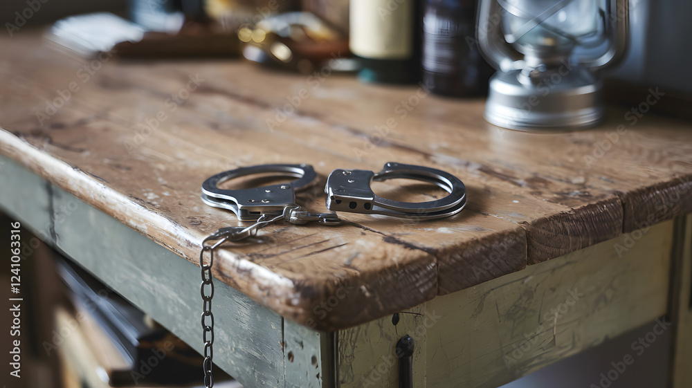 Handcuffs resting on a wooden table with a blurred background, symbolizing restraint and the complexity of freedom and confinement. Handcuffs resting on a wooden table with a blurred background, symbolizing restraint and the complexity of freedom and confinement.