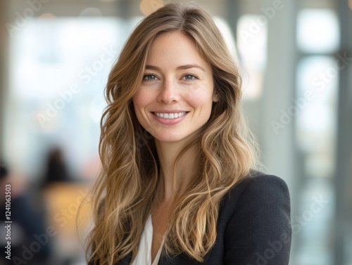 full body shot of smiling of Canadian businesswoman with blurred office background. Free Download full body shot of smiling of Canadian businesswoman with blurred office background. - GFXLoad