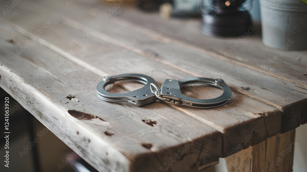 Handcuffs resting on a wooden table with a blurred background, symbolizing restraint and the complexity of freedom and confinement. Handcuffs resting on a wooden table with a blurred background, symbolizing restraint and the complexity of freedom and confinement.