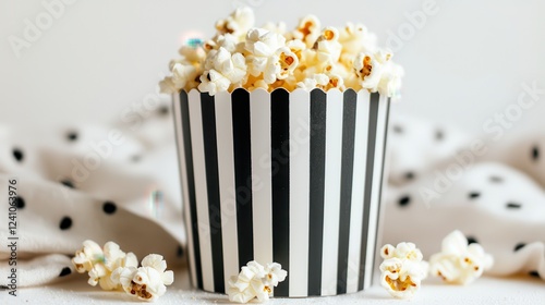 Freshly Popped Popcorn in Striped Container on White Background with Spilled Kernels and Casual Cloth Surrounding