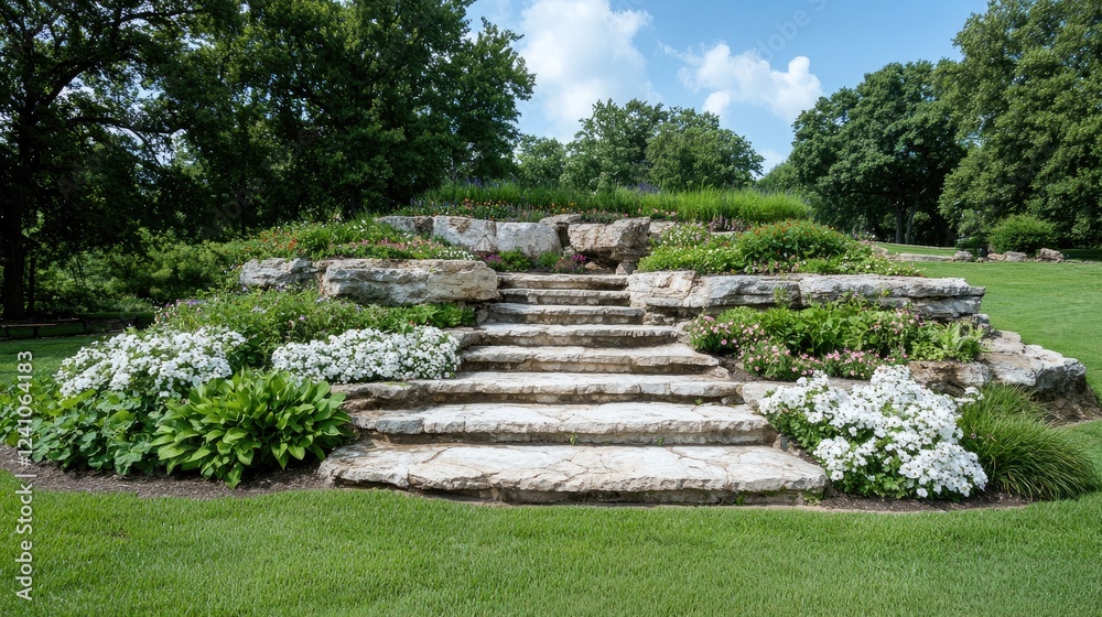 Stone steps garden, flowers, landscaping, summer day, park background Stone steps garden, flowers, landscaping, summer day, park background