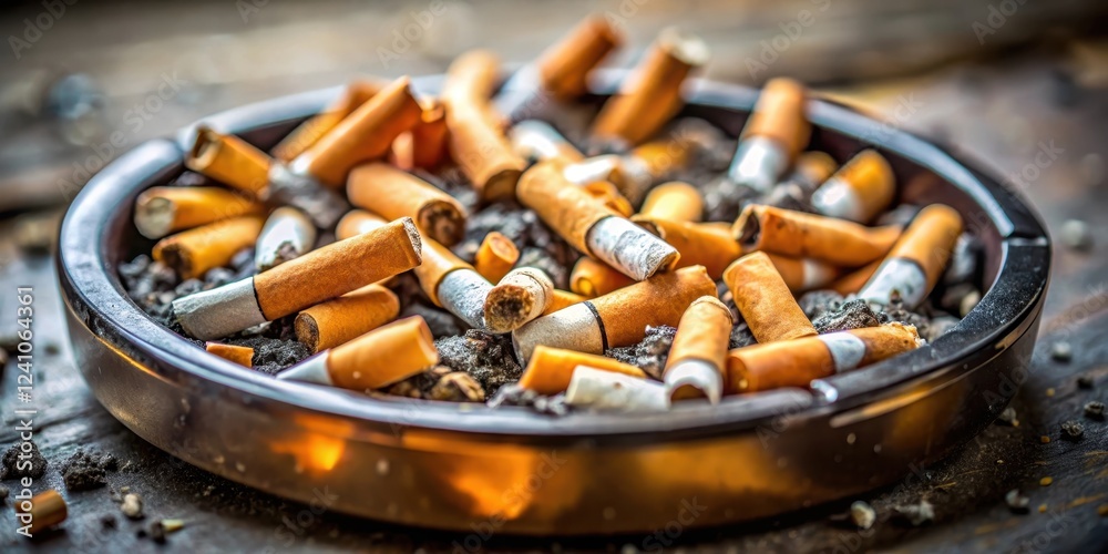 Detailed ashtray filled with cigarette butts and ashes in a cluttered environment, dirty, clutter, dirty, clutter Detailed ashtray filled with cigarette butts and ashes in a cluttered environment, dirty, clutter, dirty, clutter