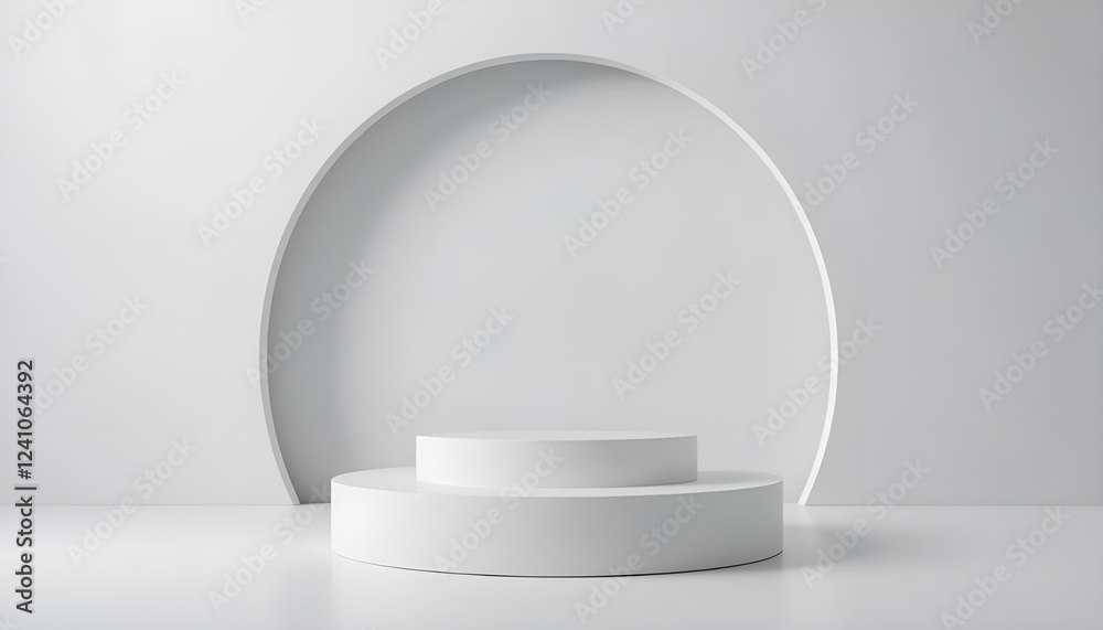 A white, minimalist podium, centered in the image, sits on a plain white background. The podium is a round, two-tiered structure, smooth and glossy, with a simple, clean design. A white, minimalist podium, centered in the image, sits on a plain white background. The podium is a round, two-tiered structure, smooth and glossy, with a simple, clean design.