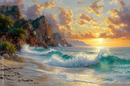 A stunning seascape at sunset, capturing waves crashing on a sandy beach, surrounded by rugged cliffs and colorful clouds in the sky, evoking peace and natural beauty.