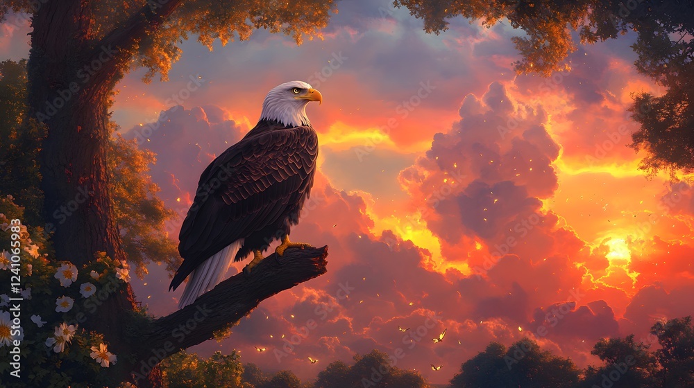 Fototapeta premium A majestic bald eagle perched on the branch of an ancient tree, with its feathers shimmering in vibrant hues under the golden sunset sky 