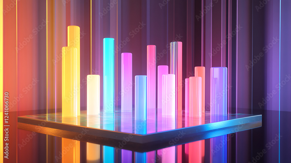 Obraz premium A vibrant 3D bar chart with colorful vertical bars, set against a blurred background, representing data visualization and technology.