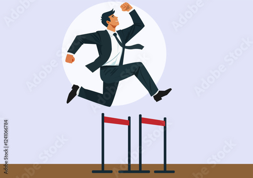 Flat vector illustration. Businessman jumping over obstacles