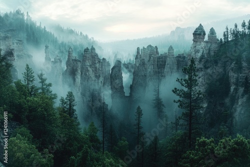 Misty morning in a lush forest, towering rock formations shrouded in fog, creating a mystical atmosphere.