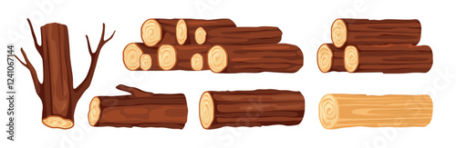 Logs with bark and branches, isolated stack or pile of wooden material for woodworking and carpentry industry. Vector isolated debarking of timber, forestry and handmade work, construction