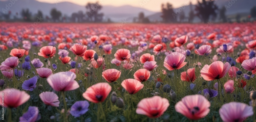 Obraz premium An image of a field of poppies at dawn with soft pink and purple hues and dew-kissed petals , poppies, natural, dew