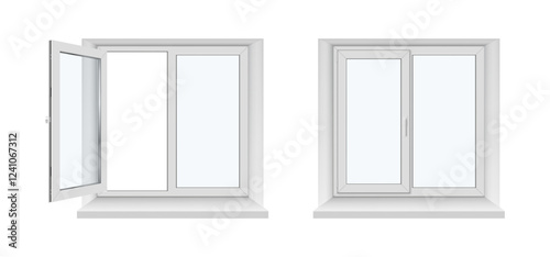 Panoramic plastic window with open and closed door, realistic bay type. Vector isolated set of glass and frame with handle, architecture and construction icons. Interior design and building