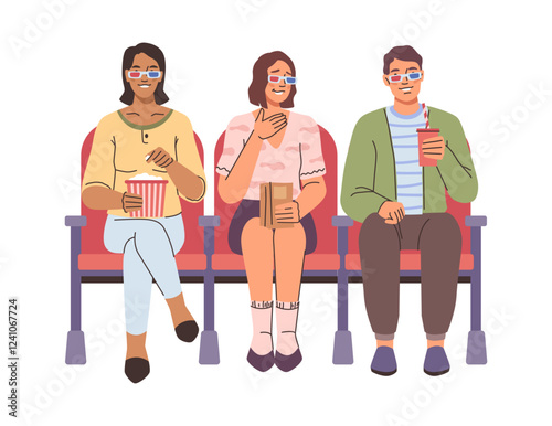 Friends wearing glasses for 3d films, isolated friends on evening outings having fun. Vector man and women eating popcorn and drinking soda, talking about movies. Film night on weekends