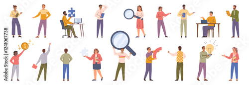 Office workers set. Vector people researching, giving advice and ideas for growing business. Male and female characters with laptops, diagram parts and magnifying glasses, reports and coins