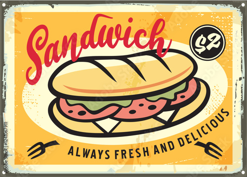 Sandwich vector illustration on vintage tin sign template. Food illustration.