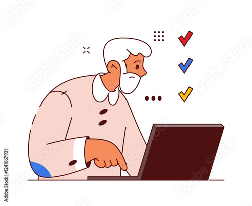 Old senior man taking test or examination online. Vector isolated flat cartoon character passing exam using laptop. Male personage studying and developing skills, granddad with computer