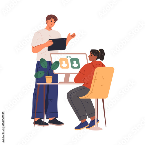 Man and woman interacting in workplace. Vector isolated people talking, business project tasks and advice of colleague. Girl sitting by laptop, boy with tablet asking opinion of director or president