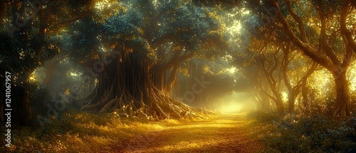 A serene pathway through an enchanted forest, bathed in golden light, with towering trees and dense foliage creating a mystical atmosphere.