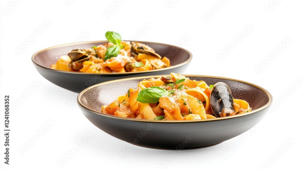 The plate of fettuccine pasta with seafood in a creamy white wine sauce, garnished with fresh greens and Parmesan. The plate of fettuccine pasta with seafood in a creamy white wine sauce, garnished with fresh greens and Parmesan.
