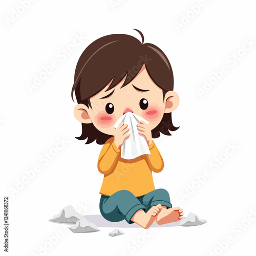 Vector flat young sick girl suffering from rhinitis, holding napkins, facial tissues, blowing her nose, sneezing. Cartoon isolated illustration on a white background. Illness ,disease symptoms concept