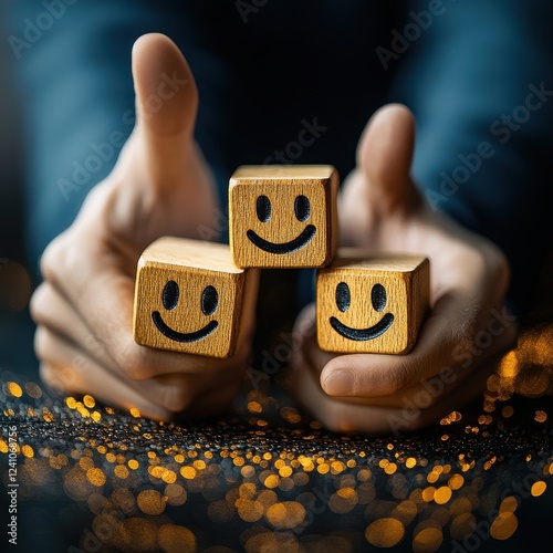 Hands Holding Wooden Blocks with Smiley Faces Against Glittering Background