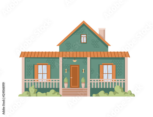 Building exterior, isolated facade of home with porch and fence. Vector house with potted plants decoration. Traditional construction of brick and wood. Real estate, property for living