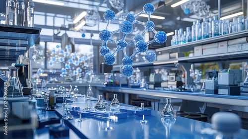 High tech laboratory with holographic molecular models and equipment