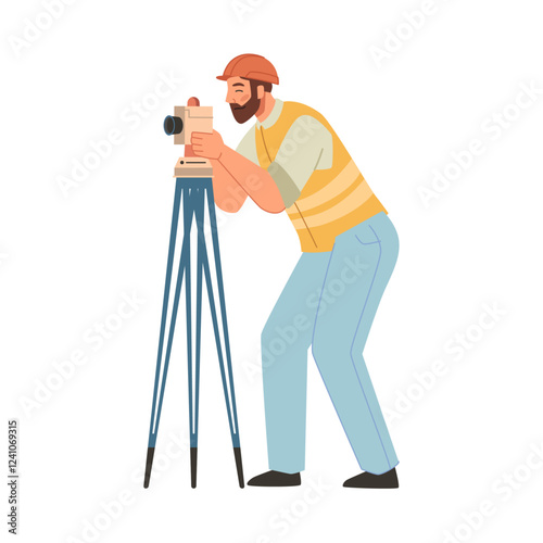 Geodesic surveyor with theodolite instrument for correct and accurate measurements. Vector flat cartoon character, isolated man in uniform working with tools and equipment for estimation