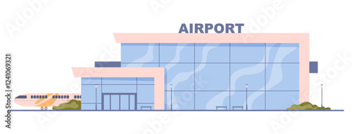 Facade of airport terminal. Vector flat cartoon, isolated aerodrome building exterior with simple geometric design, landing runway and plane behind. Infrastructure for travelers and passengers